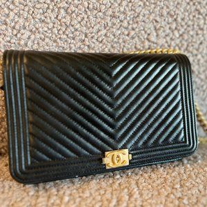 CHANEL Chevron Boy Wallet On  Gold Chain